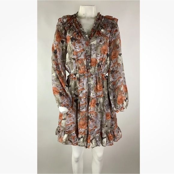 Anthropologie Current Air Sz S Picot Stitch Floral Dress Brown Orange Flare - Picture 1 of 8